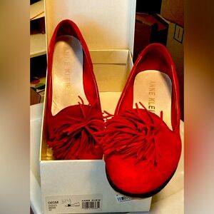 EUC Anne Klein Vibrant Red Suede Flats with Fringe. Size 8 1/2